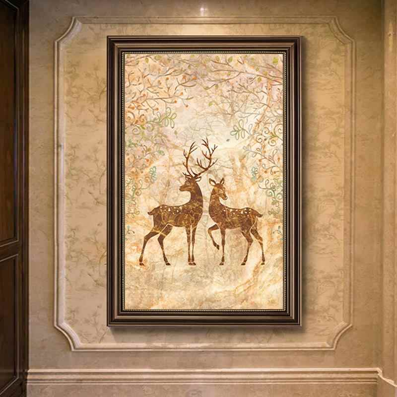 玄关装饰画欧式风格麋鹿小尺寸竖版走廊挂画过道壁画美式客厅油画图片