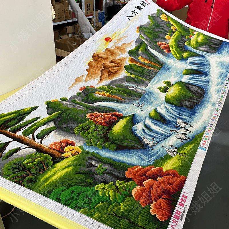 八方聚财十字绣成品不带框纯手工已绣好的2024新款客厅高端山水画