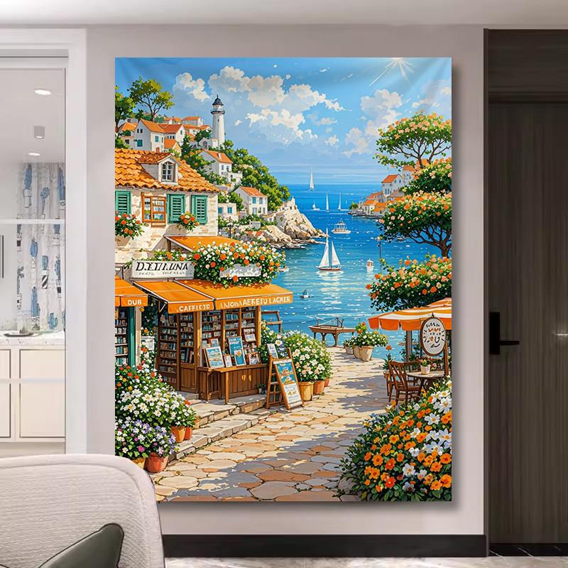 宁静港湾油画风挂布欧式竖版背景布小众高级感画布房间客厅墙壁布