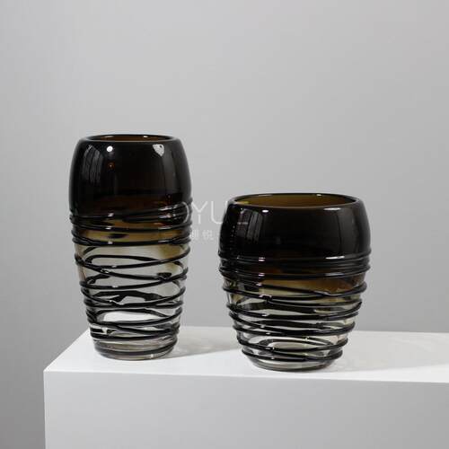 美式轻奢咖色渐变透明条纹缠丝手工琉璃花瓶客厅桌面家居软装摆件