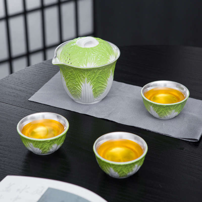 茶具套装创意银礼品整套茶具茶具青花瓷新年百旅行白菜财茶具功夫