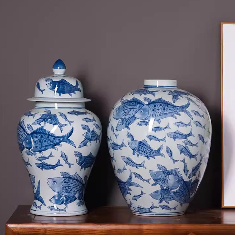 青花瓷瓶摆件客厅插干花复古陶瓷花瓶桌面水培家居装饰品储物罐