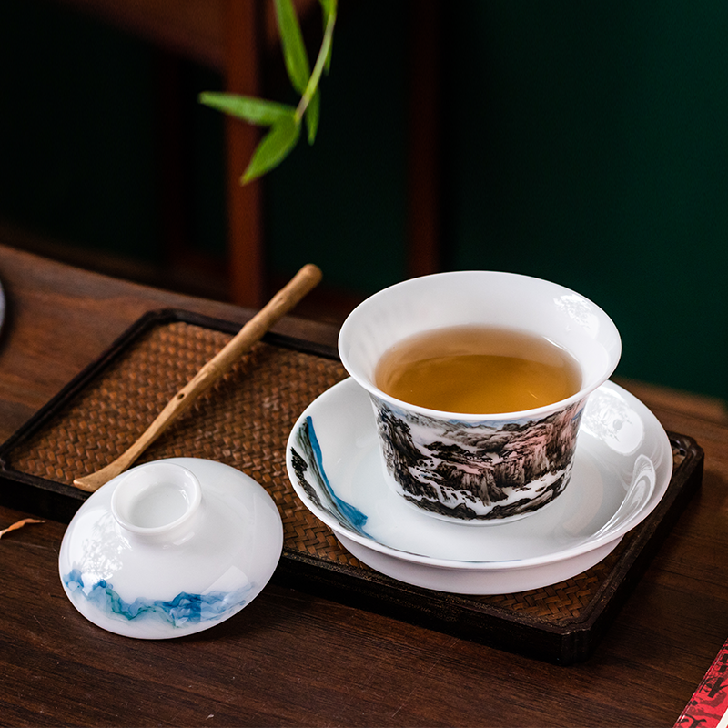 旭日东升高档盖碗壶承 国家级刘培竹大师手绘釉下彩陶瓷元宝茶杯,餐饮具,盖碗,淘宝优惠券,粉丝福利购,淘宝优惠卷