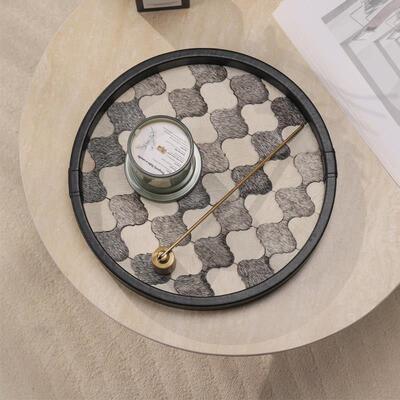 轻奢圆形马毛香薰托盘几何图案皮革边框桌面装饰摆件客厅高端摆台