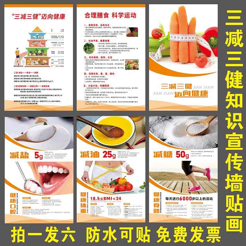 践行三减三健倡导健康生活宣传栏海报挂图健康膳食养生保健墙贴画