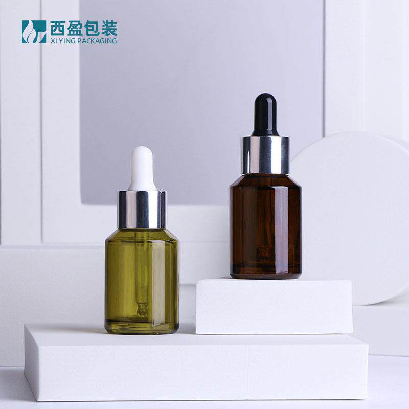 西盈现货30ml斜肩原液瓶 茶色绿色滴管精华瓶 化妆品玻璃分装瓶