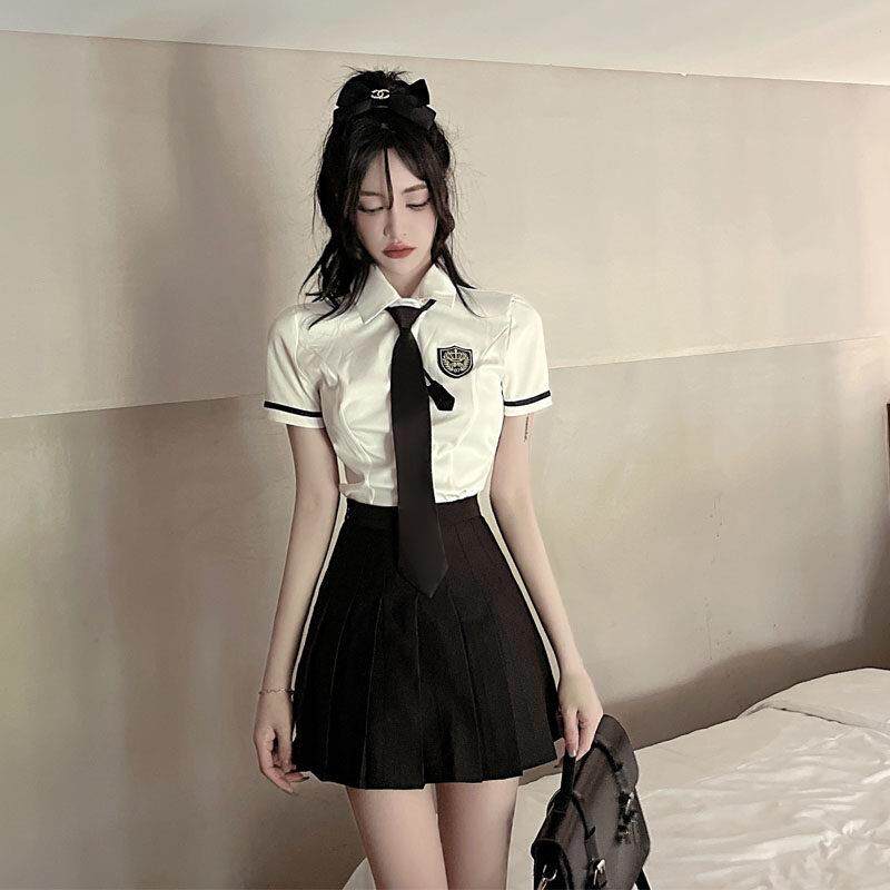 英伦校服夏季新款减龄学院风白色短袖衬衣+百褶裙制服两件套女