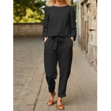 Fashionable women's solid color casual top and pants set