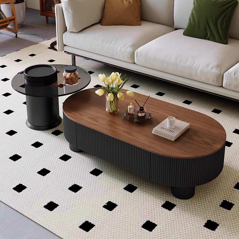 客厅中式椭圆形意式中古风胡桃木茶几轻奢家用现代简约高级感