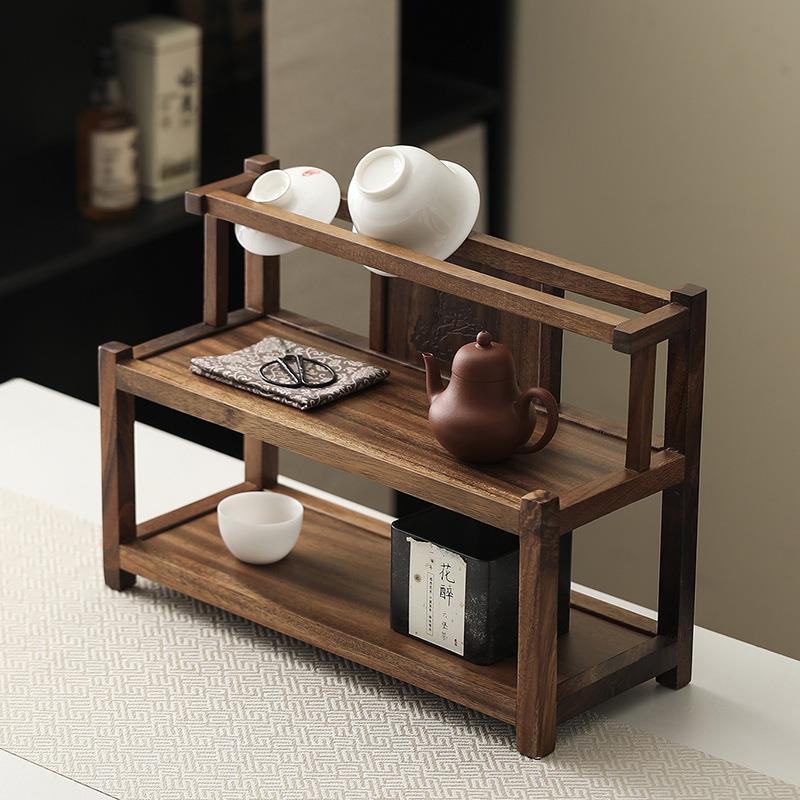 胡桃木置物架实木茶具收纳架茶室茶具器皿摆件防尘茶具防尘收纳