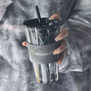 女办公室轻奢玻璃杯男生带吸管咖啡杯家用高颜值杯子 水杯2024新款