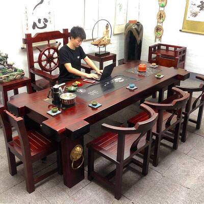 老船木实木大板茶桌椅组合中式家用办公室泡茶几功夫茶台一桌五椅