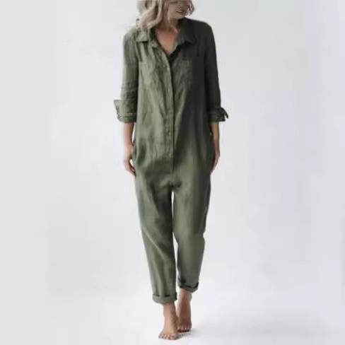 Collar pocket long sleeved cotton jumpsuit green