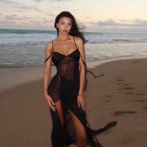 Women's mesh slit suspender dress