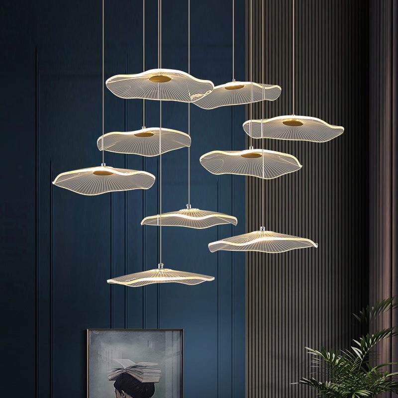 挑中空别墅楼梯长客厅吊灯荷叶小复式楼公寓楼梯灯中山吊灯