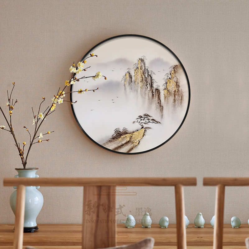 新中式圆形装饰画轻奢客厅挂画过道玄关尽头立体壁画纯手绘油画图片