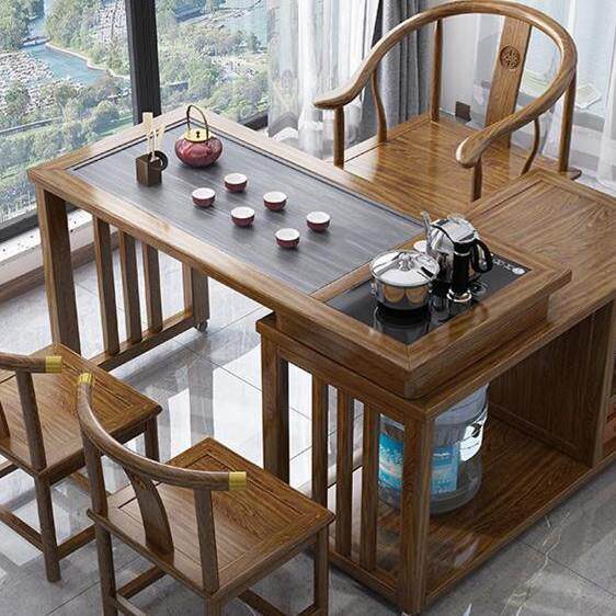 实木旋转茶桌阳台家用移动茶台喝茶桌椅组合小型茶几具烧水壶套装