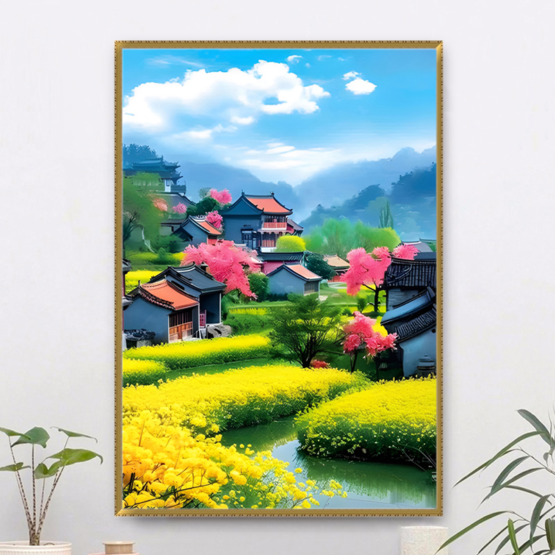 十字绣新款客厅挂画油菜花风景画满绣刺绣简约现代玄关走廊竖版画