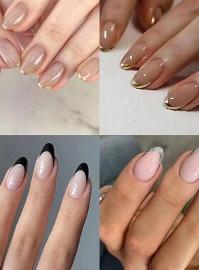 24Pcs French False Nails Almond Fake Nails with Glue Press o
