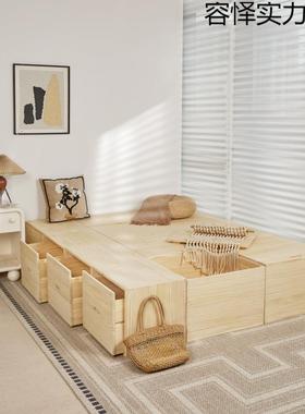 实木榻榻米箱储物床拼长方形可坐收木纳箱加LMJ宽拼箱接床飘窗柜