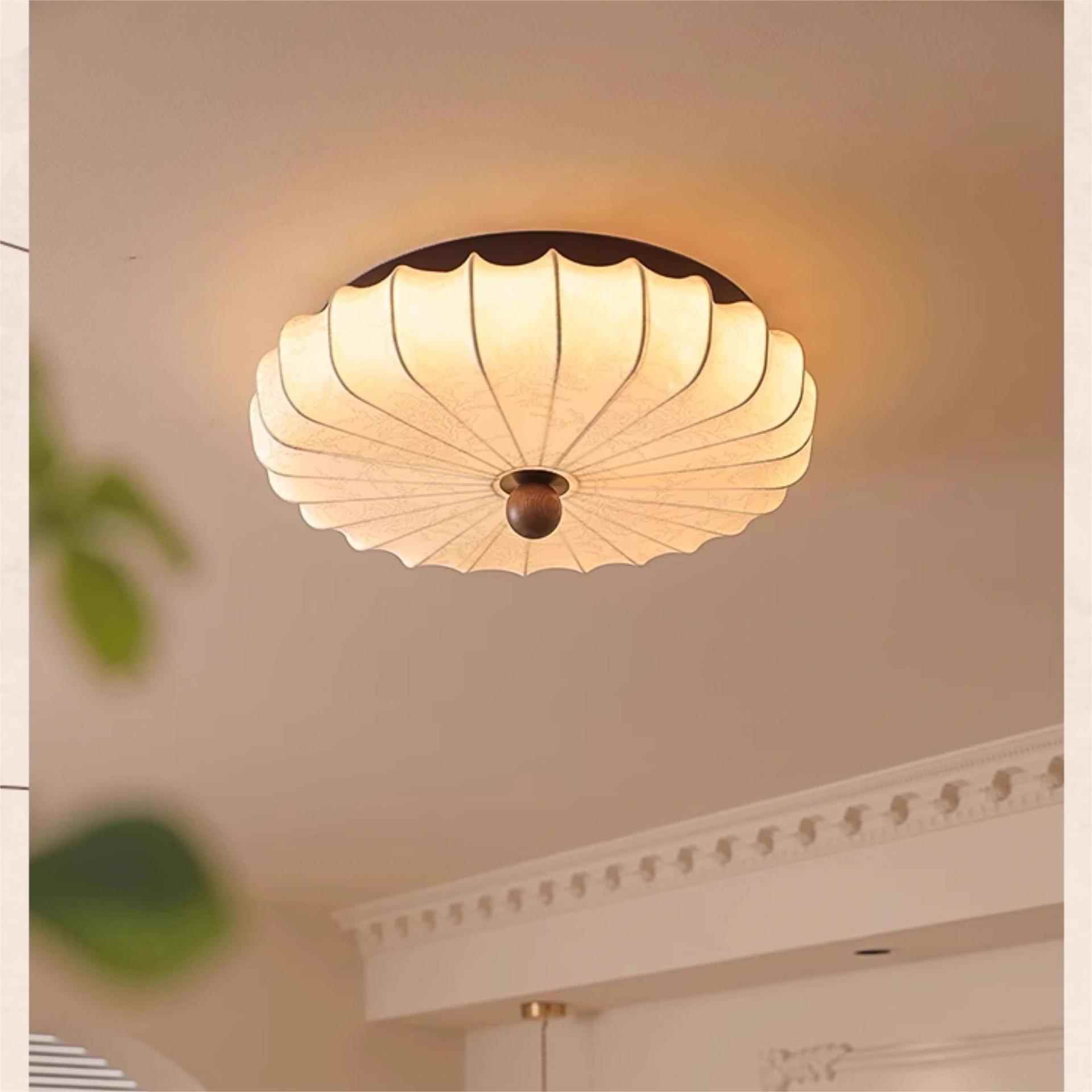 实木卧室灯吸顶灯中古法式复古客厅灯日式圆形布艺书房主卧灯具