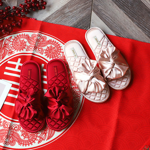 春秋喜庆红色丝绸陪嫁防滑家居拖鞋 一对女新款 结婚拖鞋 四季