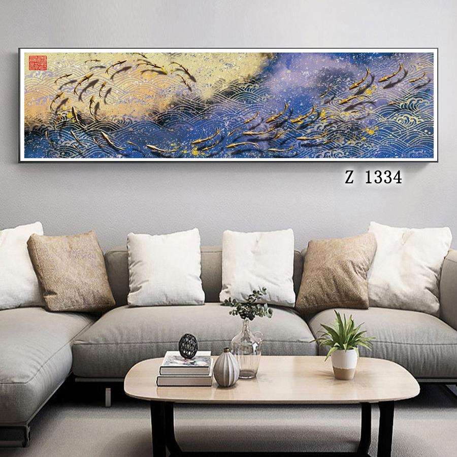 新中式装饰画酒店床头横版装饰画 有框画抽象风格微喷帆布挂画鱼