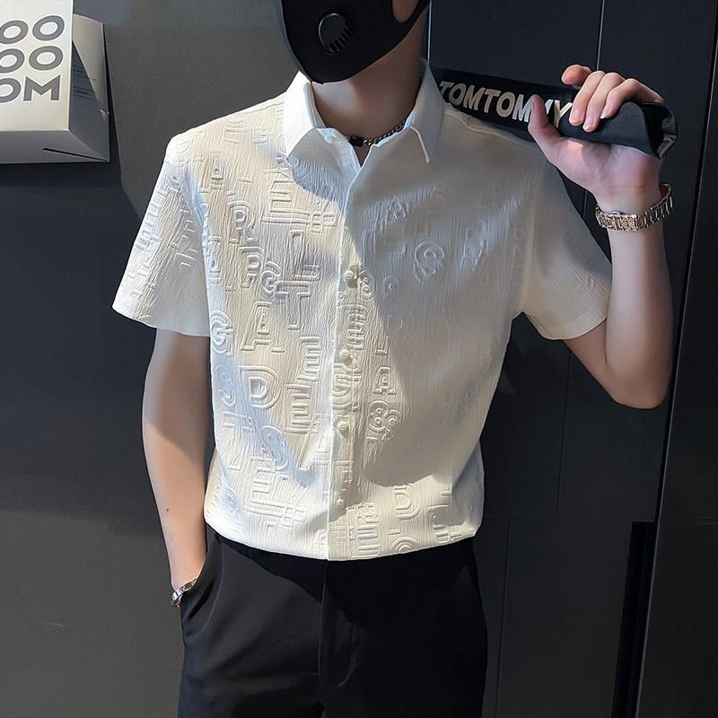 短袖衬衫男士夏季薄款冰丝印花修身男装潮流痞帅商务休闲免烫衬衣