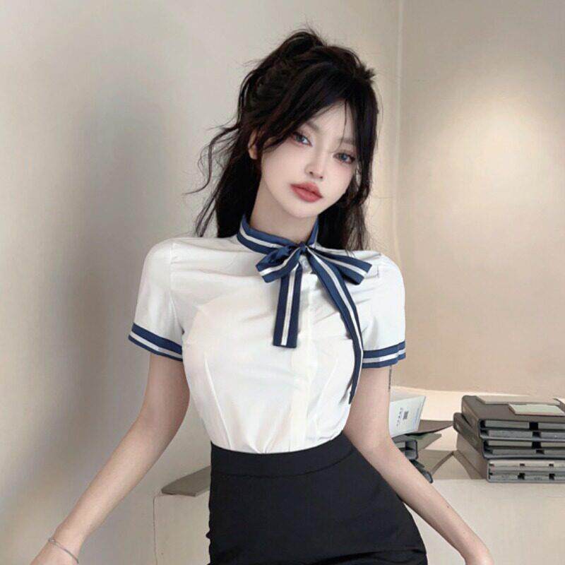 夏修身短袖白色衬衫女制服职业气质酒店工作服拼接蝴蝶结系带上衣
