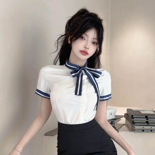 夏修身短袖白色衬衫女制服职业气质酒店工作服拼接蝴蝶结系带上衣
