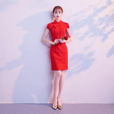 正品迎宾袍服装礼仪旗女店中国风长敬酒服演酒出外嫁女新款走秀旗