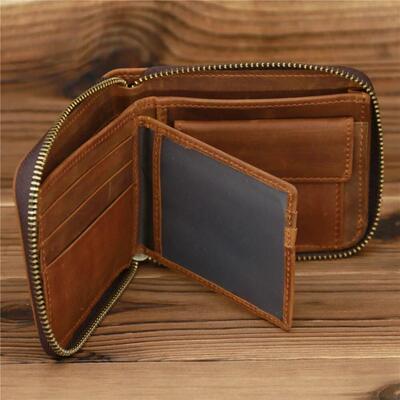 Genuine Leather Zipper Wallet for Men Money Short Purse Cred