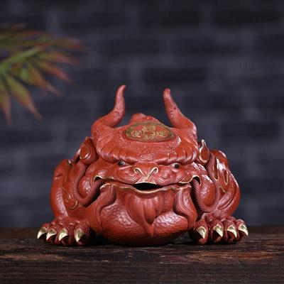 宜兴紫砂茶宠洪福金蟾大红袍三足蟾蜍24k描金龙蟾雕塑摆件