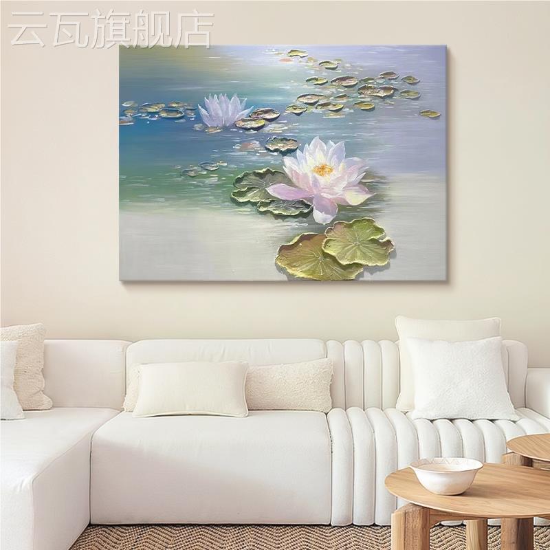 大芬油画村新中式手绘油画客厅荷花肌理感装饰画玄关植物风景挂画图片