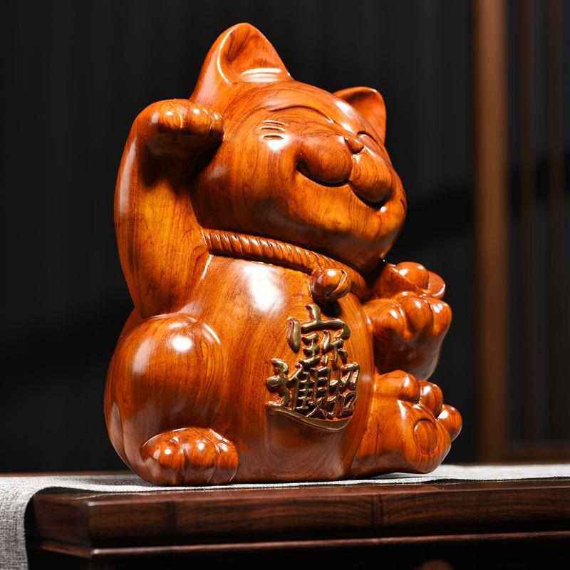 木雕摆件招财猫实木质雕刻家居客厅店铺开业收银台红木头工艺礼品