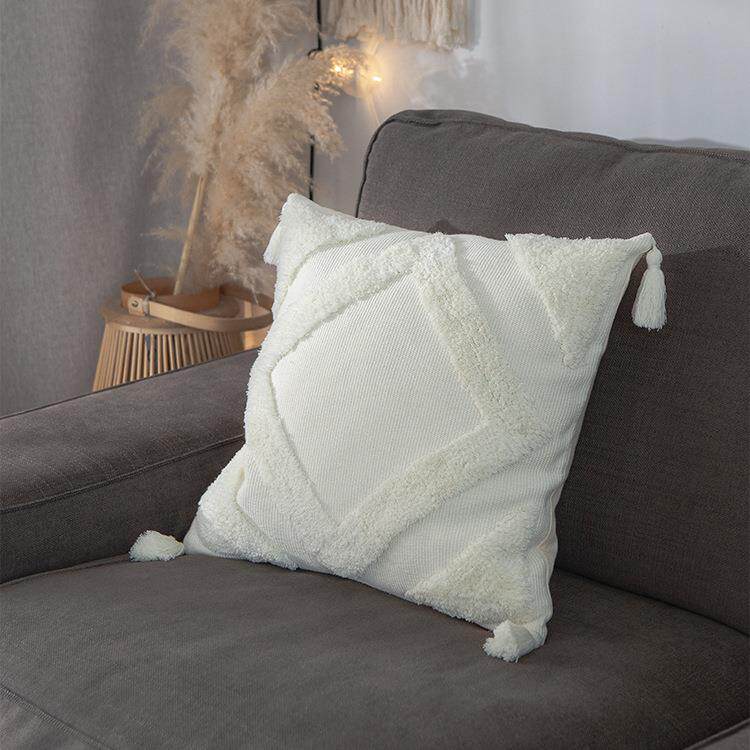New纯色编织簇绒抱枕套纳谷棉线美式四角流苏沙发抱枕套简约靠垫
