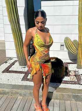 Womens mesh navel-baring irregular suspender dress