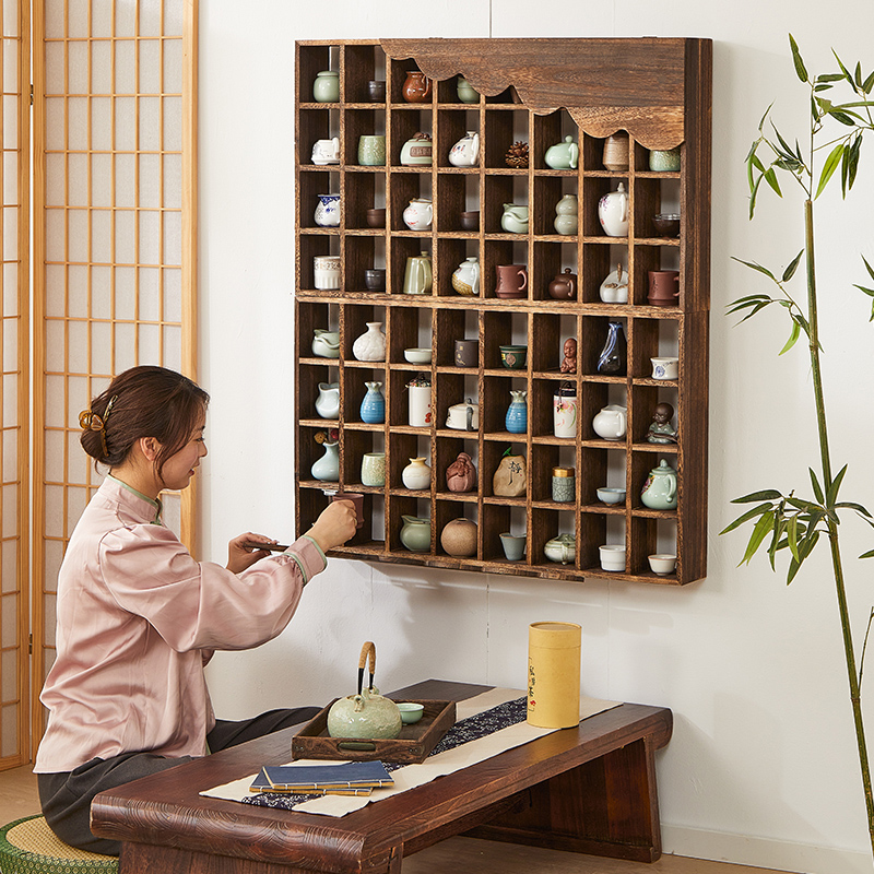 博古架实木茶壶收纳壁挂格子茶杯茶叶复古多宝阁展示架古董置物架