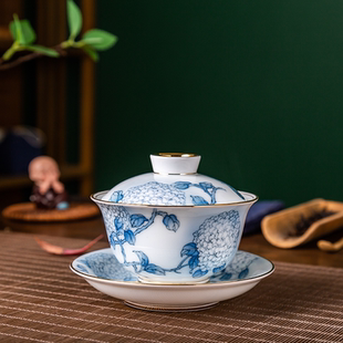 八旬省大师袁述凡手绘陶瓷品茗杯家用健康茶器 锦绣前程三财盖碗