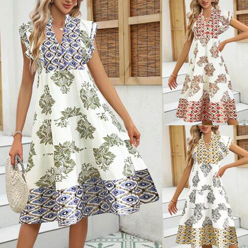 Women's Floral Print Contrast Patchwork Ruffle Detail Mini