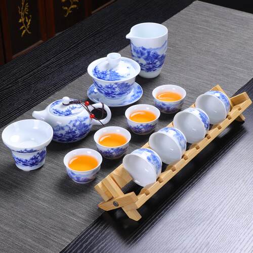 简约青花瓷功夫茶具整套覆古山水盖碗办公室家用茶杯带杯架礼盒装