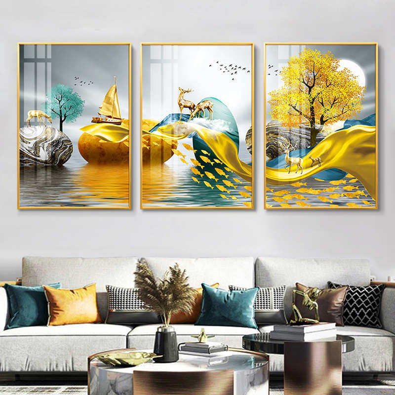 现代轻奢福禄高端客厅装饰画壁画沙发背景墙喷绘油画布三联画批发