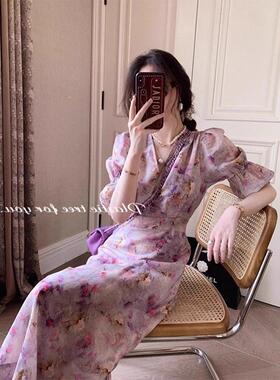 欧洲站夏季女装2025新款法式高级感气质v领碎花长裙子紫色连衣裙