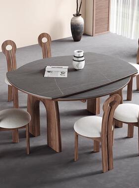 中古风折叠实木餐桌椅岩板2024新款美式法式伸缩方可变圆桌小户型