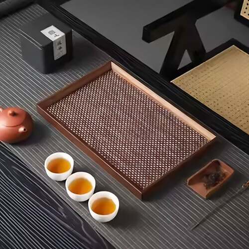 日式竹木胡桃色托盘家用水杯点心收纳盘长方形竹盘酒店餐厅托盘