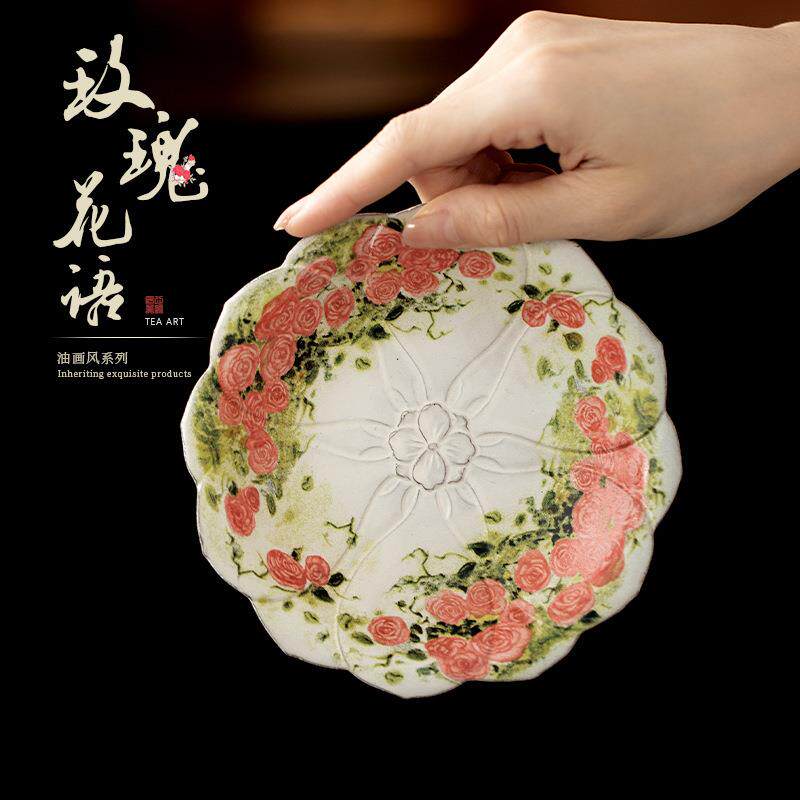 玫瑰花语花边壶承中式复古油画风干泡盘家用茶具隔热垫陶瓷茶点盘