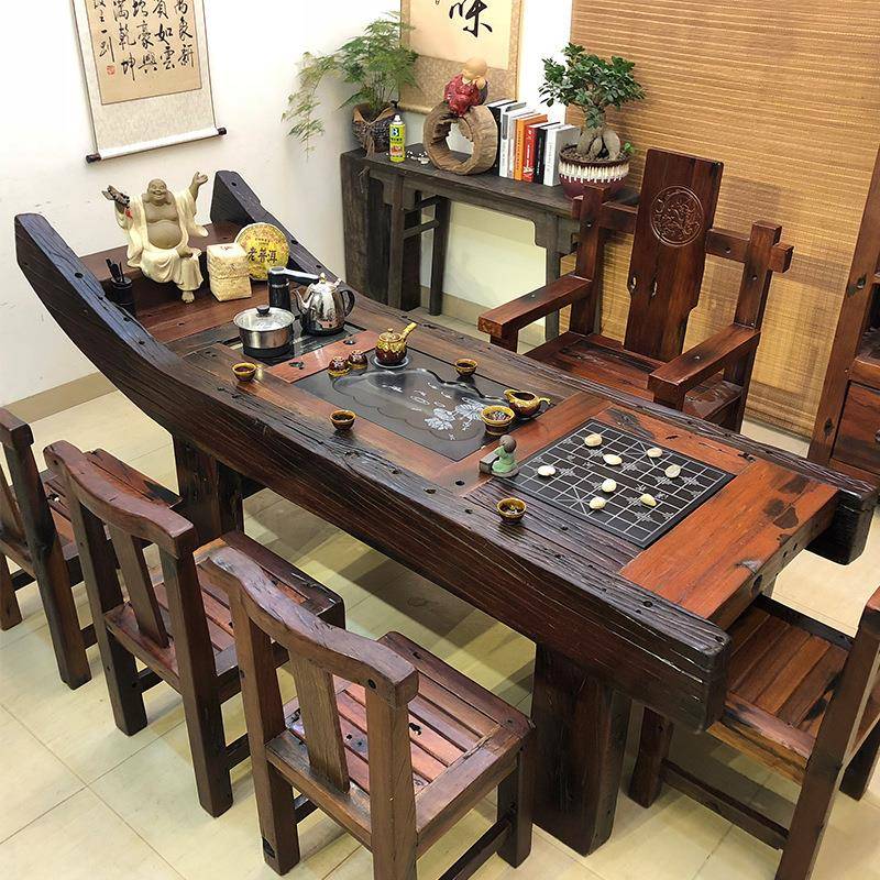 老船木茶桌椅组合 实木茶台茶几 功夫泡茶桌中式仿古茶艺桌原生态
