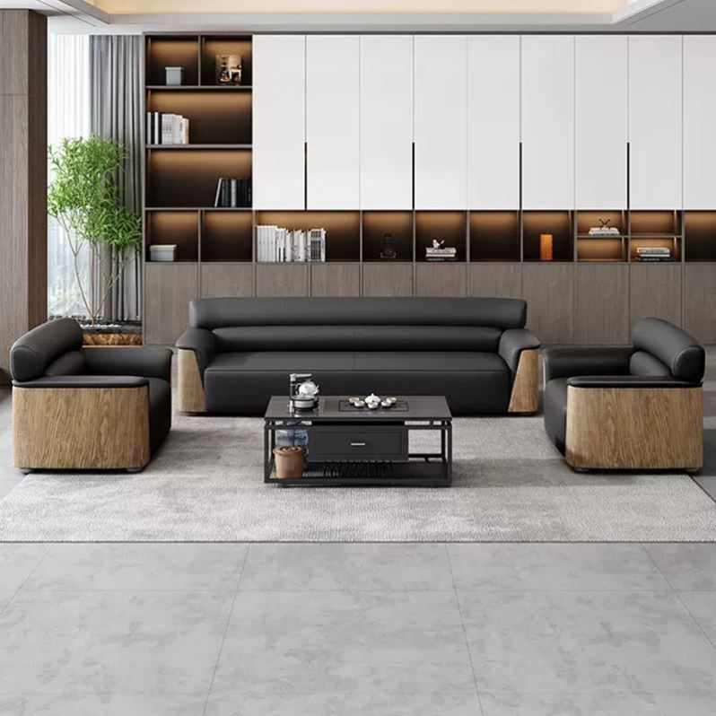 办公室会议沙发欧式简约商务风格组合皮艺沙发茶几组合套装单人位