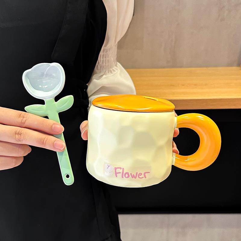 奶fufu花朵马克杯陶瓷杯网红ins高颜值女马克杯带盖子勺家用咖啡