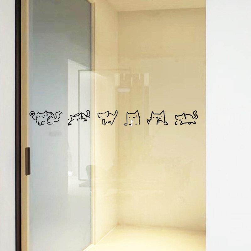 六只猫咪简笔画玻璃门贴纸 咖啡服装店厨房门玻璃移门腰线防撞贴